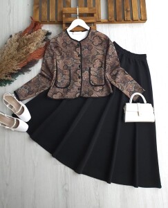 PUCE SULU DESEN ÖNÜ DÜĞMELİ BİYELİ ETEKLİ TAKIM 1706-01-SİYAH - 