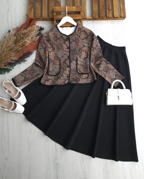 PUCE SULU DESEN ÖNÜ DÜĞMELİ BİYELİ ETEKLİ TAKIM 1706-01-SİYAH - 1