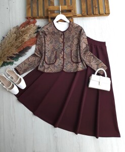 PUCE SULU DESEN ÖNÜ DÜĞMELİ BİYELİ ETEKLİ TAKIM 1706-04-BORDO - 