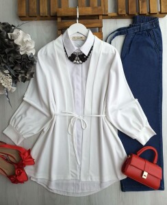 PUGA BELİ İPLİ OVERSİZE KİMONO A8-2-3191-20-BEYAZ - 