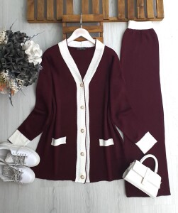 PUGSE ÖNÜ DÜĞMELİ SÜS CEPLİ TRİKO TAKIM 8156-04-BORDO - 