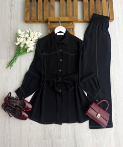 PUMSE DİKİŞ DETAYLI BELİ KEMERLİ TAKIM 1727-01-SİYAH - 1