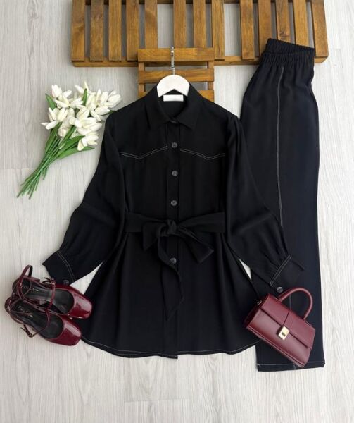 PUMSE DİKİŞ DETAYLI BELİ KEMERLİ TAKIM 1727-01-SİYAH - 1