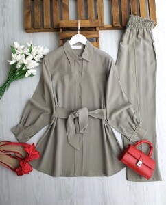 PUMSE DİKİŞ DETAYLI BELİ KEMERLİ TAKIM 1727-08-MİNT - 1