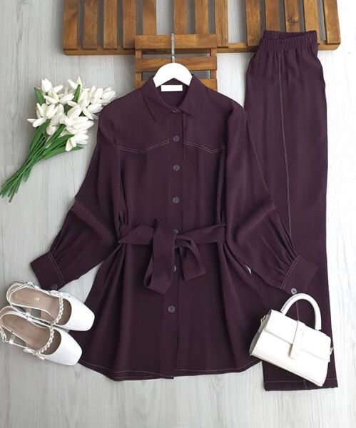 PUMSE DİKİŞ DETAYLI BELİ KEMERLİ TAKIM 1727-18-MÜRDÜM - 1