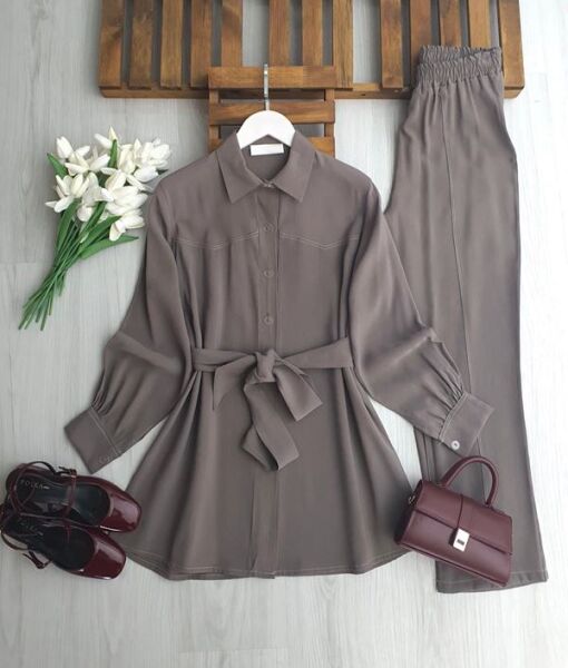 PUMSE DİKİŞ DETAYLI BELİ KEMERLİ TAKIM 1727-25-VİZON - 1