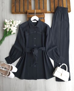 PUMSE DİKİŞ DETAYLI BELİ KEMERLİ TAKIM A5-5-1727-46-PETROL - 1