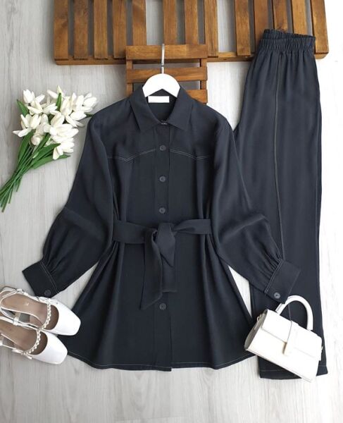 PUMSE DİKİŞ DETAYLI BELİ KEMERLİ TAKIM A5-5-1727-46-PETROL - 1