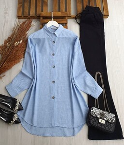 PUNE METAL DÜĞMELİ OVERSİZE GÖMLEK A6-1-5417-13-BEBE MAVİSİ - 