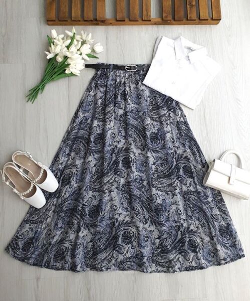 PUNTS DESENLİ İNCE DERİ KEMERLİ ASTARLI ŞİFON ETEK B6-2-6114-10-MAVİ - 1