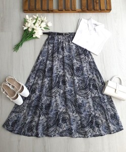 PUNTS DESENLİ İNCE DERİ KEMERLİ ASTARLI ŞİFON ETEK B6-2-6114-10-MAVİ - 1