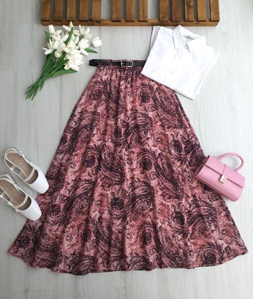 PUNTS DESENLİ İNCE DERİ KEMERLİ ASTARLI ŞİFON ETEK B6-2-6114-16-GÜL - 1