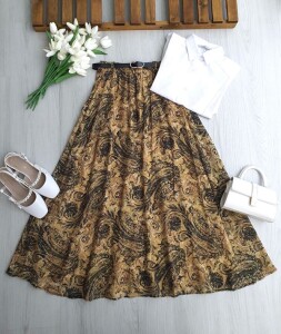 PUNTS DESENLİ İNCE DERİ KEMERLİ ASTARLI ŞİFON ETEK B6-2-6114-19-HARDAL - 1