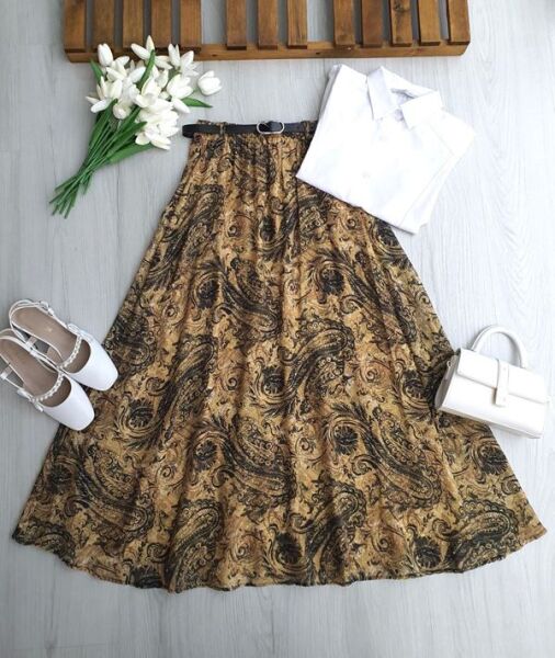 PUNTS DESENLİ İNCE DERİ KEMERLİ ASTARLI ŞİFON ETEK B6-2-6114-19-HARDAL - 1