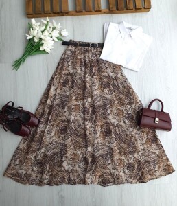 PUNTS DESENLİ İNCE DERİ KEMERLİ ASTARLI ŞİFON ETEK B6-2-6114-37-KAHVE - 1