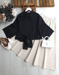 QENA VOLAN KOL ÖN BAĞLAMALI ÇAPRAZ DÜĞMELİ GÖMLEK B7-5-5547-01-SİYAH - 1