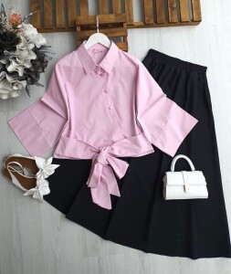 QENA VOLAN KOL ÖN BAĞLAMALI ÇAPRAZ DÜĞMELİ GÖMLEK 5547-47-PEMBE - 