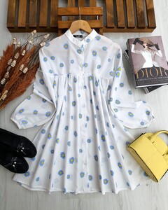 RENKLİ PAPATYALI PİLELİ GÖMLEK TUNİK A10-5-5157-10-MAVİ - 