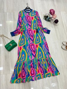 RİBANALI BATIK DESENLİ SALAŞ VİSKON ELBİSE A10-3-2285-16-GÜL - 