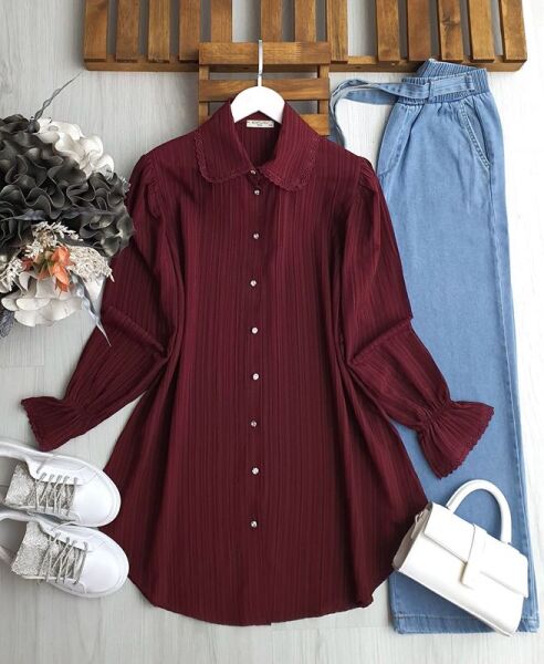 RUBAY YAKA VE KOL UCU DANTEL TUNİK C2-5525-04-BORDO - 1