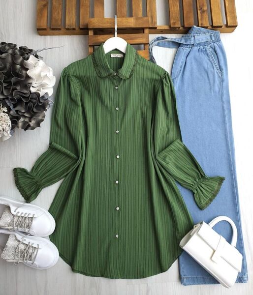 RUBAY YAKA VE KOL UCU DANTEL TUNİK C2-5525-07-YEŞİL - 1