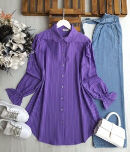 RUBAY YAKA VE KOL UCU DANTEL TUNİK C2-5525-32-LİLA - 