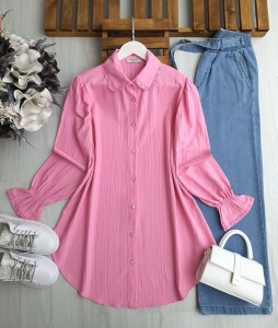 RUBAY YAKA VE KOL UCU DANTEL TUNİK C2-5525-47-PEMBE - 