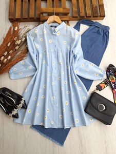 SARI PAPATYALI PİLELİ GÖMLEK TUNİK C10-5140-13-BEBE MAVİSİ - 