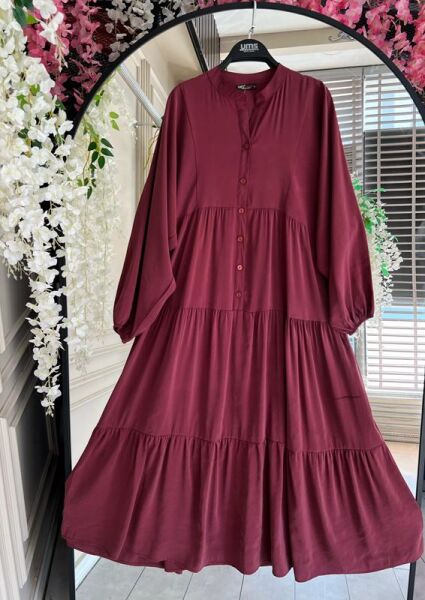 SAYLA PATLI YARIM DÜĞMELİ SALAŞ ELBİSE 2357-04-BORDO - 1