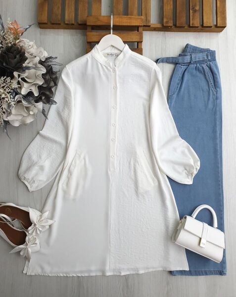 SAYNE HAKİM YAKA CEPLİ BÜYÜK KALIP TUNİK A10-2-23327-20-BEYAZ - 1