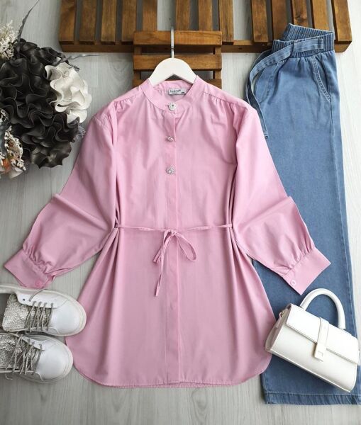 SEH HAKİM YAKA BELİ İPLİ GÖMLEK TUNİK B9-5-5595-47-PEMBE - 1