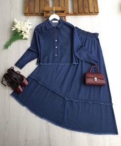 ŞELG PÜSKÜLLÜ TENSEL KOT ETEKLİ TAKIM 1747-57-KOYU KOT - 1