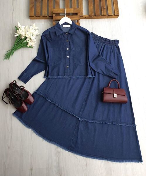 ŞELG PÜSKÜLLÜ TENSEL KOT ETEKLİ TAKIM 1747-57-KOYU KOT - 1