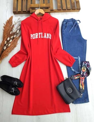 SELGA PORTLAND BASKILI TAM BOY TUNİK C4-5227-03-KIRMIZI - 