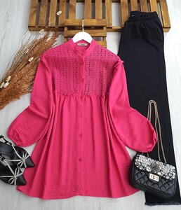 SELN ÖNÜ İŞLEMELİ KETEN TUNİK A1-4-5433-28-FUŞYA - 