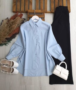 SEMAHE ZİKZAK DÜĞMELİ GÖMLEK TUNİK 5668-10-MAVİ - 