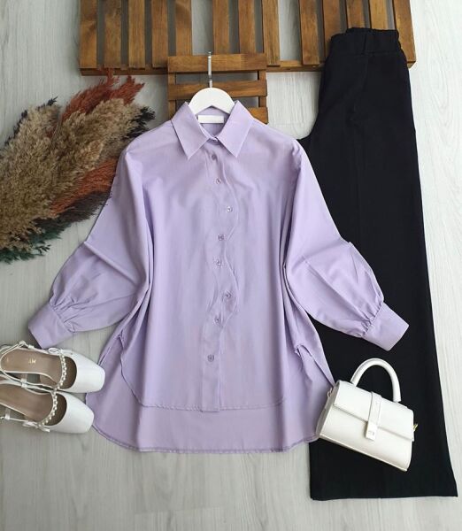 SEMAHE ZİKZAK DÜĞMELİ GÖMLEK TUNİK B3-5 5668-32-LİLA - 1