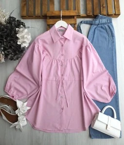 SENEÇ BALON KOL BELİ BAĞCIKLI OVERSİZE GÖMLEK TUNİK 5589-47-PEMBE - 