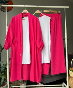 SEPN BELİ BAĞCIKLI KAP İÇLİK PANTOLON KETEN ÜÇLÜ TAKIM C10-1481-28-FUŞYA - 1