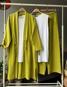 SEPN BELİ BAĞCIKLI KAP İÇLİK PANTOLON KETEN ÜÇLÜ TAKIM C10-1481-70-YAĞ YEŞİLİ - 