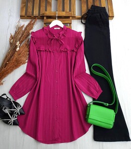 SERDA YAKA BAĞCIKLI FIRFIRLI TUNİK B2-1-5422-28-FUŞYA - 