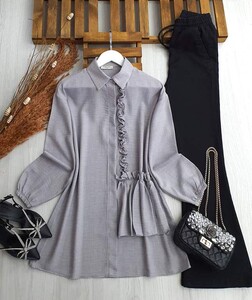 SEREN YAN FIRFIRLI KETEN GÖMLEK TUNİK C8-5443-26-GRİ - 