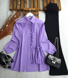 SEREN YAN FIRFIRLI KETEN GÖMLEK TUNİK C8-5443-32-LİLA - 