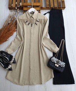 SFAY KOLYELİ GİZLİ DÜĞMELİ KETEN TUNİK C8-5310-34-BEJ - 