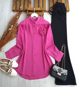 SİBE GÜL DETAYLI GÖMLEK TUNİK 5429-28-FUŞYA - 