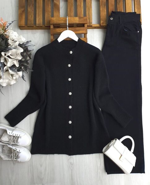 SOCSE TAŞLI DÜĞMELİ YUMOŞ HIRKA 8179-01-SİYAH - 1