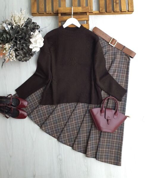 SOGES ÇİÇEKLİ ŞARDONLU KAZAK 8198-37-KAHVE - 1