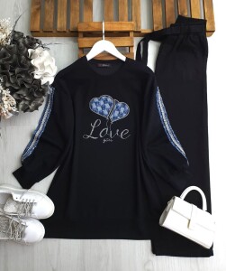 SONEE KOL İŞLEMELİ KOT ŞERİTLİ ÖNÜ İŞLEMELİ KOT YAZILI TUNİK B3-3-5619-01-SİYAH - 1