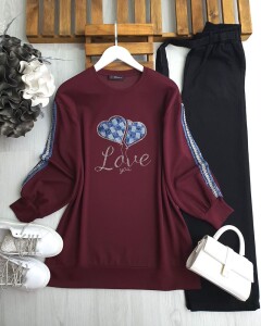 SONEE KOL İŞLEMELİ KOT ŞERİTLİ ÖNÜ İŞLEMELİ KOT YAZILI TUNİK B3-3-5619-04-BORDO - 1