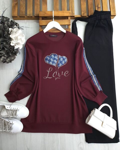 SONEE KOL İŞLEMELİ KOT ŞERİTLİ ÖNÜ İŞLEMELİ KOT YAZILI TUNİK B3-3-5619-04-BORDO - 1